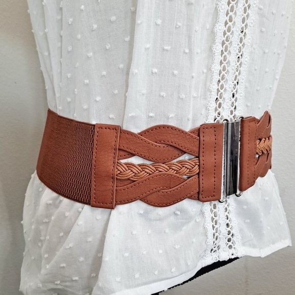 Boho Wide brown Faux leather Western festival Braided elastic corset Waist belt - Picture 9 of 9